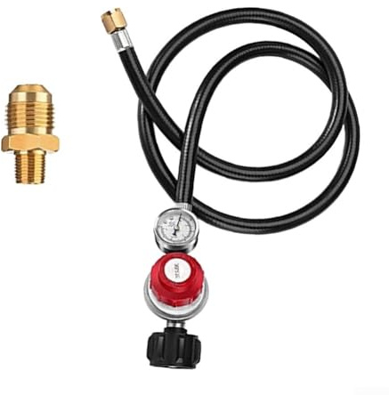Feeshoppher Adjustable 0-30 PSI Propane Regulator with 4FT Hose and 0-60 PSI Gauge for Gas Grills Fryers Fire Pits Tank Connector 3/8 Inch Female Flare Fitting Metal
