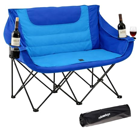 Relaxdays Camping Bank, faltbar, Tragetasche, Getränkehalter, 272 kg, Doppel Campingstuhl, Polyester & Metall, blau