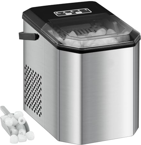 GarveeMore Kompakte Eiswürfelmaschine 120W – 9 Eiswürfel in 6 Min, 26 lbs/24h, Selbstreinigung, für Party, Büro, Bar, Wohnmobil, Eisschaufel & Korb, leise