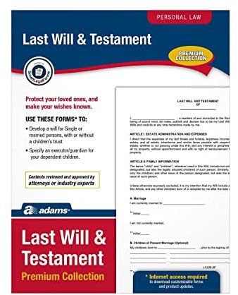 Adams Last Will and Testament, Forms and Instructions, Downloadable Product Details on Packaging, USA Only (LF235) 11x8.5x0.13