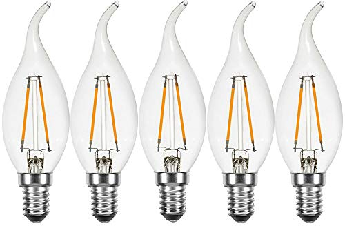 NCC-Licht 5 x LED Filament Kerze Windstoß 2W wie 25W klar E14 220lm Glühlampe Glühbirne warmweiß 2700K Windstoßkerzen