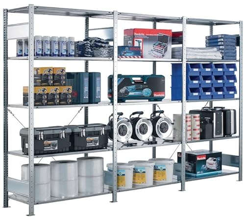 EUROKRAFT Steckregal, einreihig - Fachboden-BxT 1300 x 600 mm verzinkt, Höhe 2500 mm, Anbauregal - Fachbodenregal Regal Schwerlastregal Stahlregal Steckregal