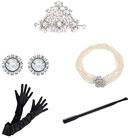 Utopiat Audrey Hepburn inspirierter Modeschmuck und Accessoire, 5-teiliges Set | Frühstück bei Tiffany's Vintage-Halskette, Diadem, Ohrringe, langer schwarzer Halter, schwarze Opernhandschuhe (ohne
