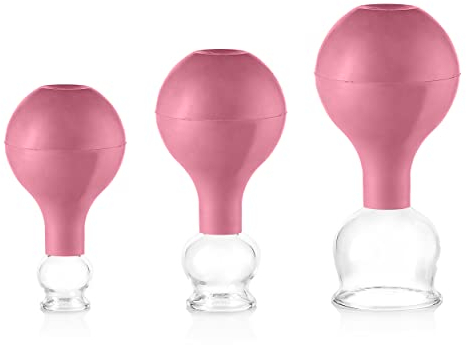 Pulox Schröpfgläser Set aus Echtglas mit Saugball - 3x Medizinisches Schröpfglas in Pink - 25mm, 32mm, 40mm
