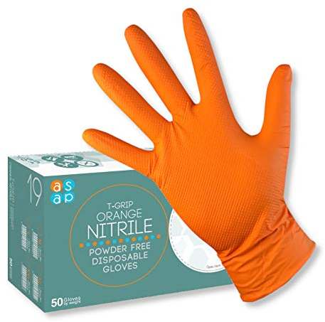 ASAP T-Grip ORANGE Gants jetables en nitrile sans poudre, 8,5g DIAMANT texturé - Boîte de 50 (L)