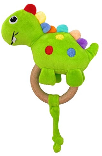 Baby Rassel Beißring aus Holz - Babyspielzeug für Jungen und Mädchen | Holzspielzeug zum greifen mit Kuscheltier | Natur Beissring mit Babyrassel Greifling in Pink oder Grün (Dino)