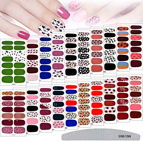 20 Sheets Nail Full Cover Stickers, Kalolary Leopard Wrap Nail Polish Strips Colorful Full Cover Stickers Self-Adhesive Nail Decals Strips Manicure with File for Women Girls Kids DIY