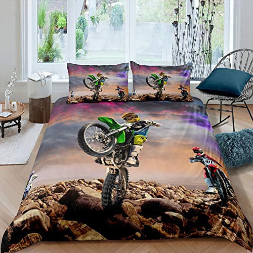 Motorbike Comforter Cover Single,Boys Motocross Rider Duvet Cover Teens Racing Motorcycle Dirt Bike Bedding Set Child,Motorbike Vehicles Extreme Sport Quilt Cover,Kids Car Theme Room Decor