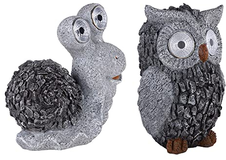 etc-shop Solar Gartenskulptur für Außen Gartendeko Schnecke Eule Figur Skulptur grau Akku, 1x Schnecke und 1x Eule, Kunststoff, 2x LED 3000K, 2er Set