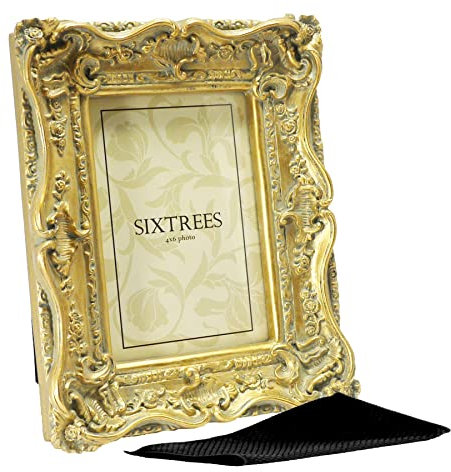 Sixtrees Chelsea 5-250-46 Ornate Vintage Swept Shabby Chic Gold 6x4 inch Photo frame - with our Fishscale Microfibre glass cleaning cloth.