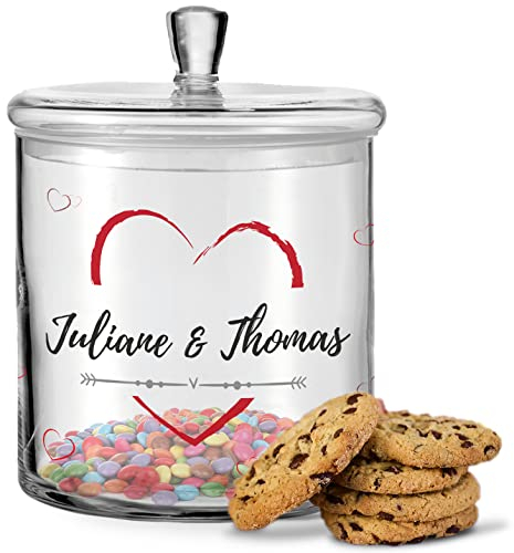 GRAVURZEILE Leonardo Keksglas - Herz - Keksdose Bonbonglas mit Deckel & Namen - Geschenk für Sie & Ihn zu Jahrestag Valentinstag Geburtstag Weihnachten - Geschenk für Frauen Männer