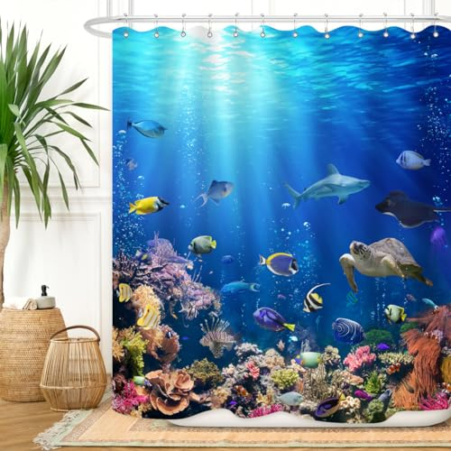 ZXMBF Ocean Unterwasserwelt Duschvorhang bunte tropische Fische Schildkröte Koralle im Tiefsee Heimdekoration wasserdichter Stoff 183 x 152 cm blaue Kunststoffhaken, 12 Stück