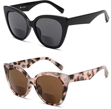 JM 2 Pack Classic Bifokal Lesebrillen Übergroße Cateye Stilvolle Sonnenbrillenleser für Damen Schwarz+Schildkröte +3.0