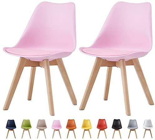 mcc direct Set of 2 Dining Chairs Wooden Legs Soft Cushion Pad Stylish DELUXE Retro Lounge Dining Office EVA (Pink)