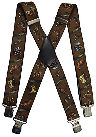 Olata Heavy Duty Herren-Hosenträger X-Form mit Jagdmotiv und gravierten Hosenträger-Clips – 4 cm. Jagdsaison