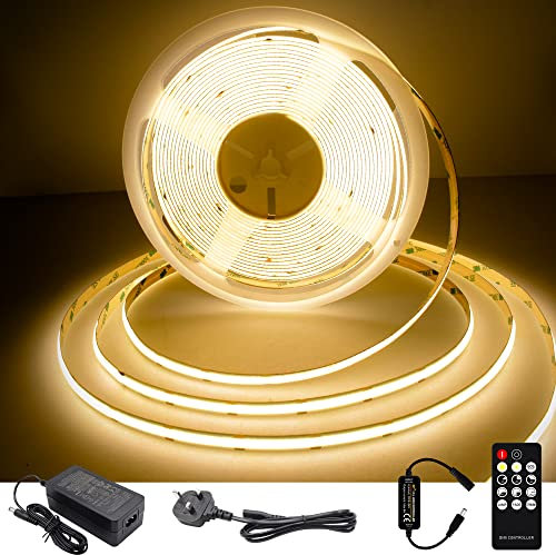 TTWAY COB LED Strip Lights 2700K, Dimmable LED Strip Kit, Super Bright 24V LED Tape Lights CRI90+ with RF Remote and UKCA Power Supply for DIY Home Decoration, 10M, 3840LEDs, Warm White.