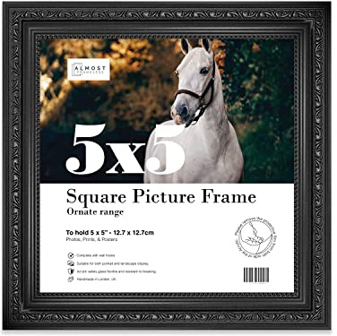 Almost Frameless 5x5 Black Ornate Picture Frame 5x5 (12.7x12.7cm) Poster, Photo, Artwork, or Print. Antique Style Portrait and Landscape Display with Wall Hooks