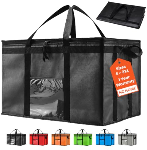NZ home Insulated Cooler Bag and Food Warmer (3XL, 4 Pack) for Food Delivery & Grocery Shopping with Zippered Top, Black