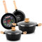 Magefesa Orbe - Batteria da cucina a induzione, 6 pezzi, antiaderente, privo di PFOA, smalto esterno, nero, set di casseruole, coperchio in vetro, pentole, accessori effetto legno, design moderno