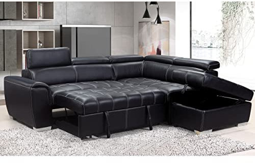 Furnishings For Less UK Corner Sofa Bed | Nevada Large Black L Shaped Black Leather | Tilting Headrest and Storage Ottoman Included (Black Leather Right Hand Facing)