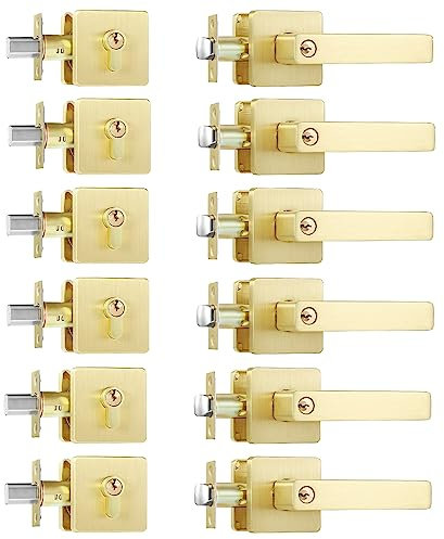 Leydebong 6 Pack Front Door Lock Set, Brushed Gold Exterior Door Lock Set with Deadbolt, Single Cylinder Deadbolt Lock and Door Knob Set, Keyed Alike Door Knob with Lock&Keys