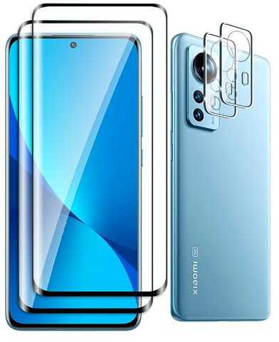 Fyqzio [2+2 Pièces Verre Trempé Pour Xiaomi 12/12X et Caméra Arrière Protecteur,Sans Bulles,9H Dureté,Anti-Rayures,3D Couverture Complète,HD Film Protection Ecran pour Xiaomi 12/12X