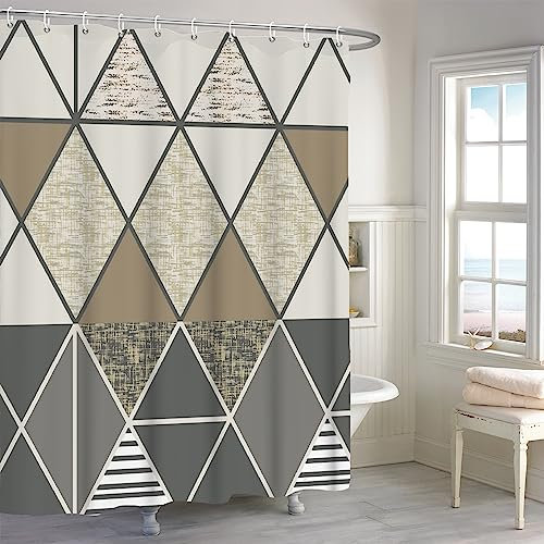 MIRRORANG Rideau de Douche Abstrait d'art Moderne, Beige Losange Triangle Motif géométrique Minimaliste Rideau de Douche de Salle de Bain Ensemble de 12 Crochets,183x183cm