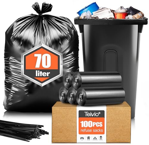 Teivio Large Black Bin Bags 70 Liter 100 Counts Refuse Sacks, Strong Rubbish Bags Extra Large Lawn and Leaf Bags fit 20-21 Gallon Outdoor Commercial Trash Can for Office, Workshops, Backyard