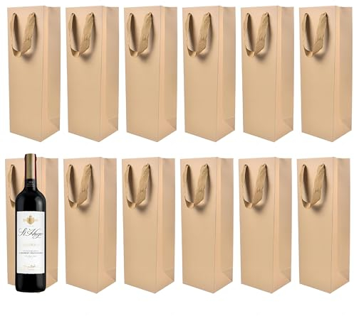 Pack of 12 Kraft Paper Single Wine Bottle Bag, Kraft Wine Carrier Bags with Handle, Wine Champagne Gift Bag, Carry Bag, Wine Bag for Christmas, Wedding, Party, Birthdays, brown, 1 stück (12er Pack),