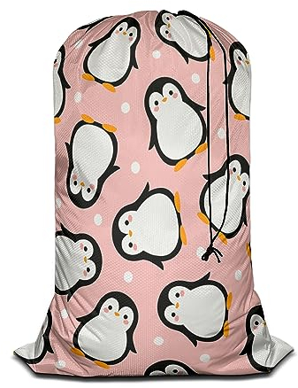 Swono Süßer Pinguin-Wäschesack für schmutzige Kleidung, groß, für Wäschekorb, Cartoon, Weihnachten, Wildtiere, Schnee, Punkte, Kordelzug, Organizer, Tasche, passend für Korb, Camping, Reisen, Zuhause,