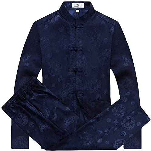 Rubruan Costume chinois Tangzhuang - Costume traditionnel Tang-Arts martiaux Kung Fu Tai Chi Uniforme Survêtement Veste à manches longues Pantalon Dragon Costume pour homme et femme, bleu, L