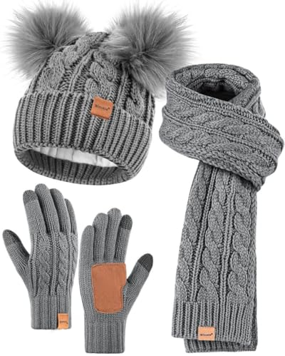 Winuesa Mütze, Schal & Handschuh-Sets für Damen, Beanie Mütze Damen Winter mit Bommel Fleece Gefütterte, Touchscreen Handschuhe Schal Cap 3 in 1 Geschenk Set(Grau)
