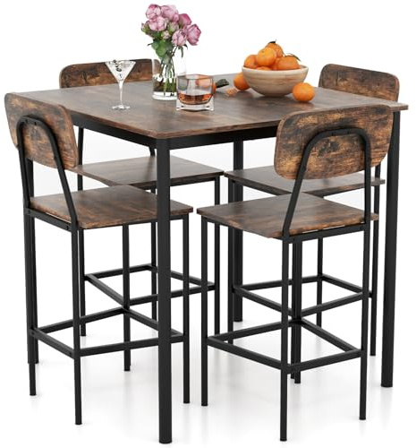 Giantex 5-Piece Dining Table Set W/Counter Height Table & 4 Bar Stools, Industrial Kitchen Dining Set W/Footrest & Backrest, Space-Saving Dinette Set for Pub, Dining Room, Restaurant (Mix Brown)
