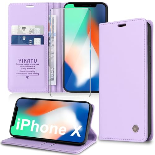 Migexxkj Handyhülle für iPhone X,iPhone XS Hülle [mit Schutzfolie][Premium PU Leder] Klapphülle Kartenfach Magnetic Ständer Flip Case Cover Etui Tasche Schutzhülle für iPhone X/XS 5.8“ (Purple)