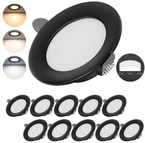 Lichtlord Dimmable Spot LED Encastrable Extra Plat 7W 700LM, Equi.70W Incandescence,Spot Plafond 2700K 4500K 6000K Réglable, spot salle de bain IP44, Lot de 10,Downlight ultra-fin en métal (Noir)
