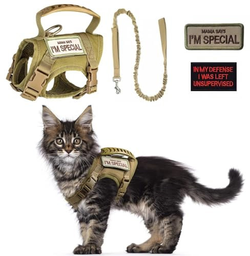 Taktisches Katzengeschirr und Leine, Set zum Spazierengehen, ausbruchsicher, verstellbar, große Katzengeschirr mit Flicken, weiche Netzpolsterung, Gummigriff, leicht zu kontrollieren (Khaki Geschirr