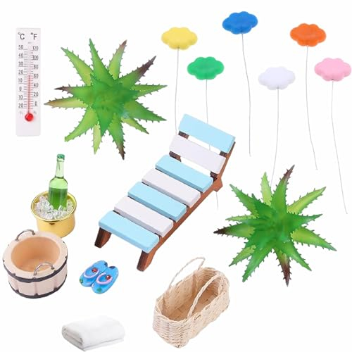 SNONESIY 11 Stück Miniatur Deko Sauna Zubehör Set Wellness Deko Zubehör Sauna Deko Mini Strandkorb Korb Hausschuhe Eimer Badetuch Geeignet für DIY Dekoration Mini Gartenmöbel mit Wolkenballons