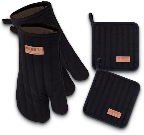 MEISTERKOCH 4er Set Ofenhandschuhe Topflappen - Paar Topfhandschuhe mit Topfuntersetzer Schwarz, 100% Baumwolle, 250°C hitzebeständig, PU beschichtet, waschbar bei 40°C, Steppnaht