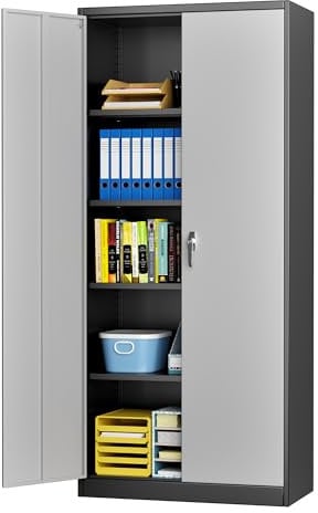 SUPEER Metal Storage Cabinet with 2 Door and 4 Adjustable Shelves,180CM Tall Steel Cabinet for Warehouse,Garage,Home,Office,Easy Assemble Required(Black/Grey)