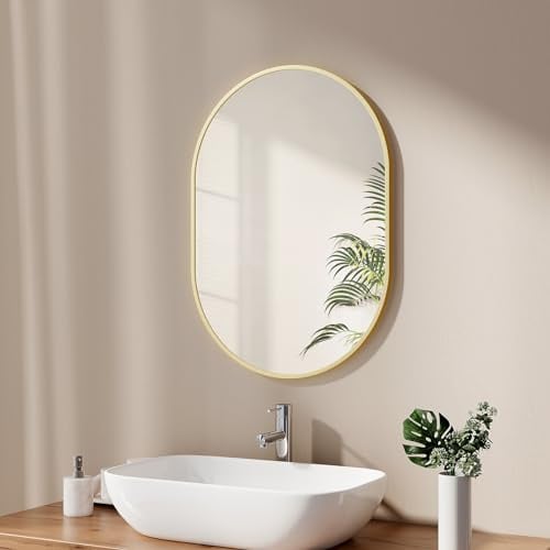 EMKE Badspiegel Oval 50 x 70 cm Spiegel mit Goldener Rahmen Wandspiegel Oval Horizontal/Vertikal Badezimmerspiegel Ovaler Spiegel Gold Dekorativer HD Wandspiegel für Badezimmer, Flur