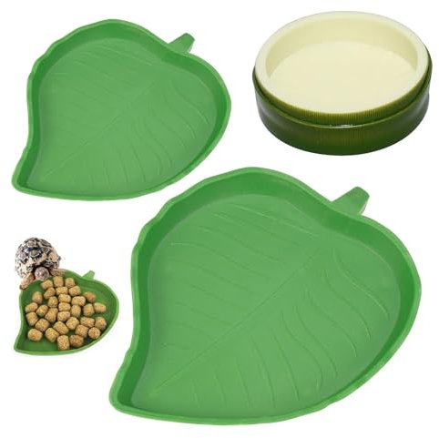 Bamyli 3 Pièces Bol d'eau de Nourriture pour Reptiles, Abreuvoir Tortue, Mangeoire Tortue Terrestre, Feuilles en Forme de Nourriture en Eau Bols pour Tortues, LéZards, Hamsters, 3 Tailles