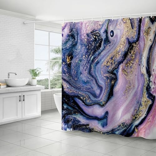 FAIRYGATE Bath Curtains Purple Marble Stall Shower Curtain Purple Mix White Ombre Modern Abstract Wave Luxury Bathroom Curtain Bathtub Home Decor Waterproof Fabric Machine Washable B8918