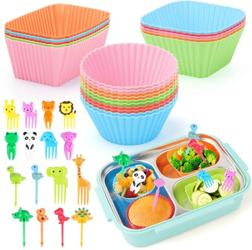 100PCS Silicone Lunch Box Dividers Kit, Reusable Silicone Cupcake Liners Muffin Cups, Fun Lunchbox Bento Box Accessories, Cute Food Picks for Kids (38 Baking Cups + 62 Animal Picks)