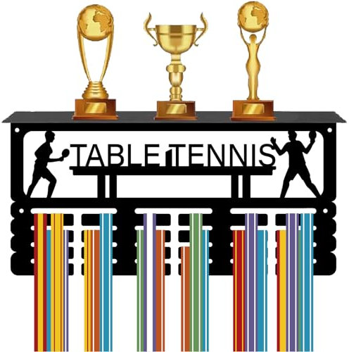 CREATCABIN Tischtennis-Medaillenhalter Mit Trophäenregal,Medaillenaufhänger,Display,Wandmontage Aufhängen Auszeichnungen Für 70+ Medaillen,Geschenk Tischtennis-Rennsieger,Spieler,40x20x10cm,Schwarz