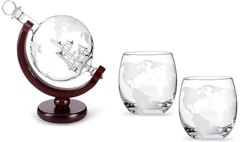 Hsthe Sea Whiskey Globe Decanter con Set di Bicchieri, Set di caraffe per Whisky con 1 Decanter e 2 Bicchieri, Globe Decanter con Nave per Whisky, Scotch, Set Regalo Vodka