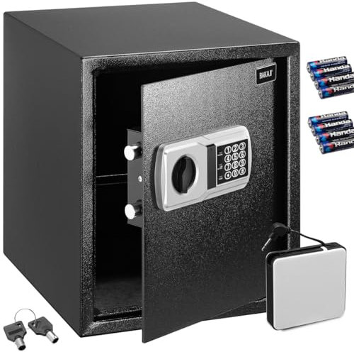 BAKAJI Caja fuerte electrónica de seguridad con caja de batería externa, caja de valores y documentos antirrobo para casa, hotel, armario de pared o independiente, 40 x 35 x 40 cm (negro)