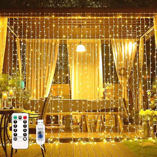 EvaStary Lichtervorhang 3x3 Meter LED Lichtervorhang Innen USB Warmweiß, Lichterkette Innen Fenster mit 8 Modi Fernbedienung, für Außen und Innen Fenster Weihnachten Deko Party Hochzeit