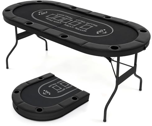 COSTWAY Foldable Poker Table for 8 Players, 182cm Folding Casino Leisure Card Board Game Tables with Metal Cup Holders, Padded Railings, Portable Blackjack Texas Holdem Poker Table (Black)