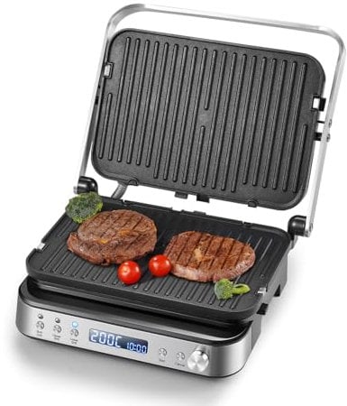 AMZCHEF 4-in-1 Electric Grill, Panini Press grill, Waffle&Sandwich Toaster - Opens 180° with 4 Non-stick Coated Plates - Adjustable Temperature, LED Indicator, Cool Touch Handle, 2000W - Silver