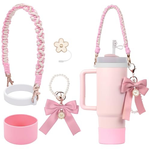Stanley - Juego de accesorios para tazas, funda de silicona rosa Stanley, correa de asa para botella de agua, tapa con pajita, colgante de lazo, dijes Stanley para vaso Stanley de 30/40 onzas, 5